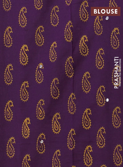 Semi silk cotton saree lime green and deep purple with leaf butta prints in borderless style