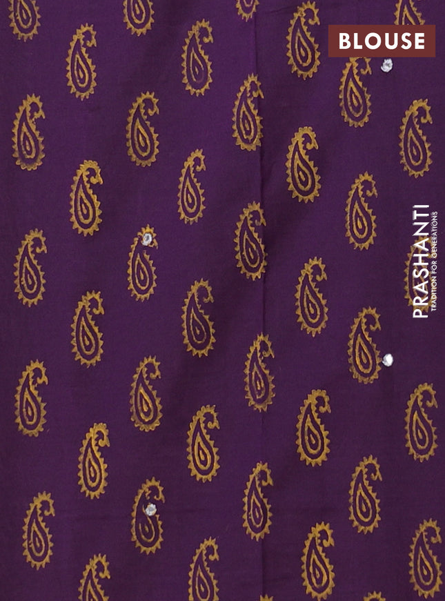 Semi silk cotton saree lime green and deep purple with leaf butta prints in borderless style