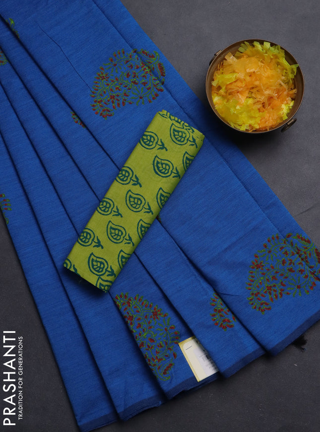 Semi silk cotton saree cs blue and light green with butta prints in borderless style