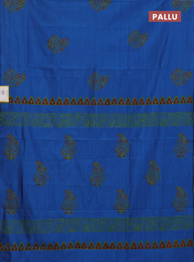 Semi silk cotton saree cs blue and light green with butta prints in borderless style