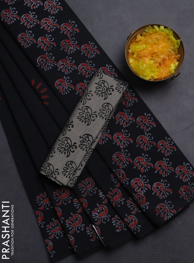 Semi silk cotton saree black and grey with butta prints and printed border