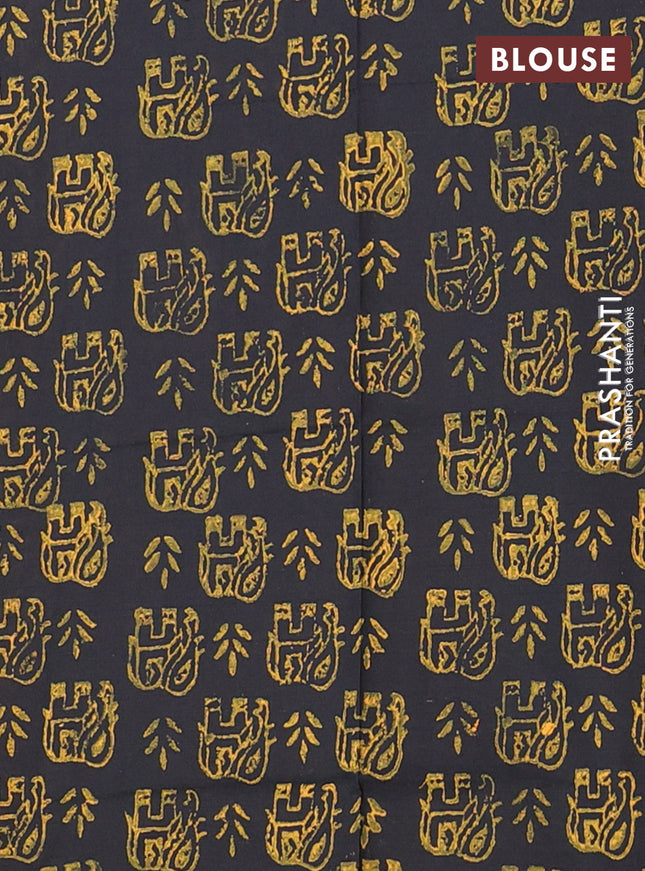 Semi silk cotton saree mango yellow and black with elephant butta prints and piping border