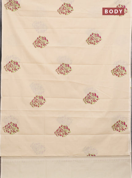 Semi silk cotton saree cream and light green with butta prints in borderless style