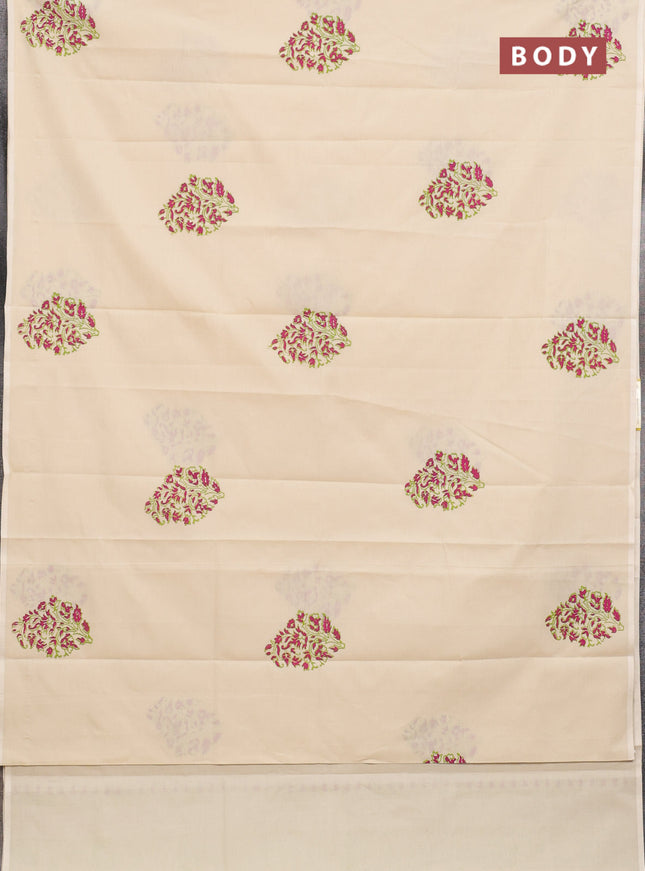 Semi silk cotton saree cream and light green with butta prints in borderless style