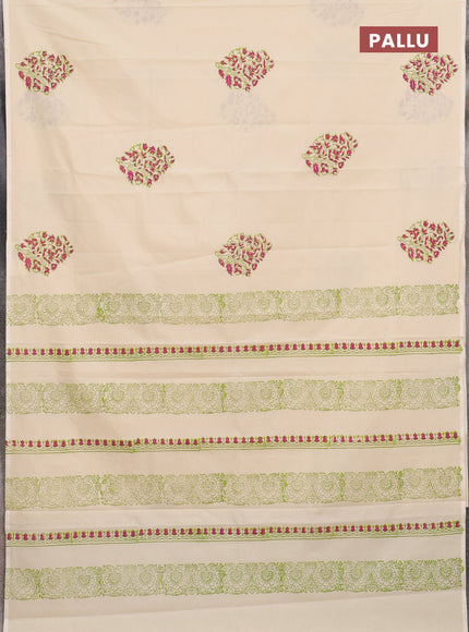 Semi silk cotton saree cream and light green with butta prints in borderless style
