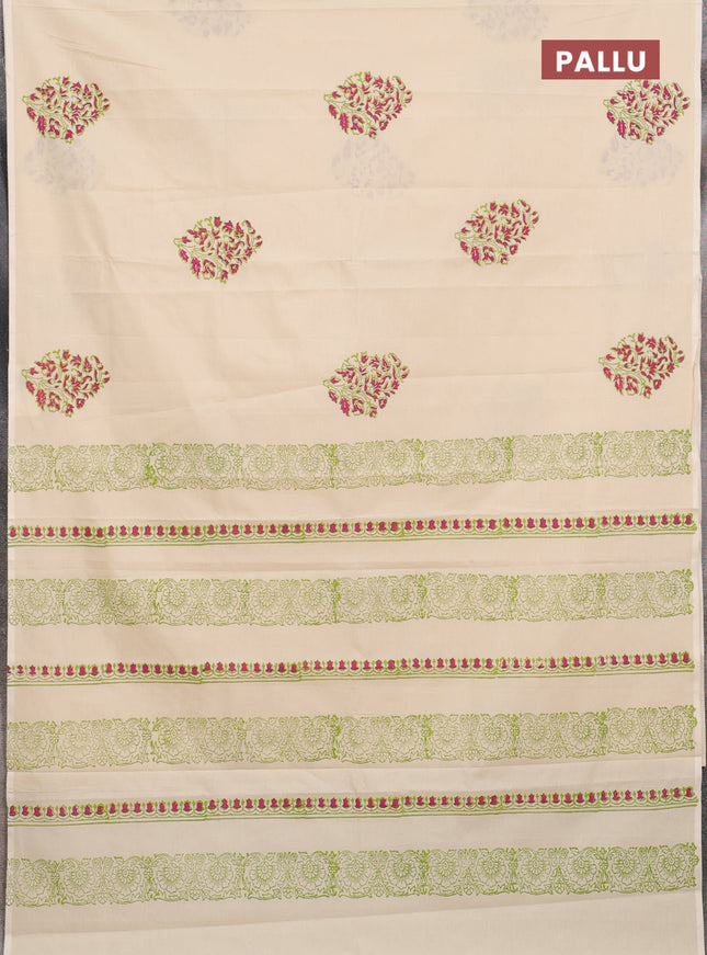 Semi silk cotton saree cream and light green with butta prints in borderless style