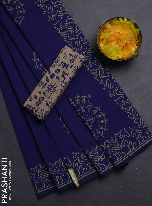 Semi silk cotton saree blue and beige with butta prints and printed border