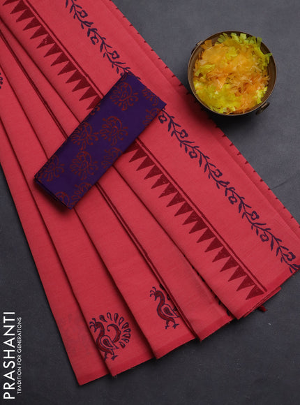 Semi silk cotton saree peach pink and violet with butta prints in borderless style