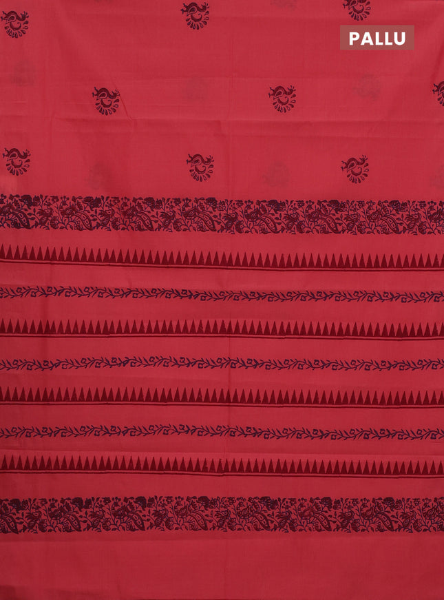 Semi silk cotton saree peach pink and violet with butta prints in borderless style