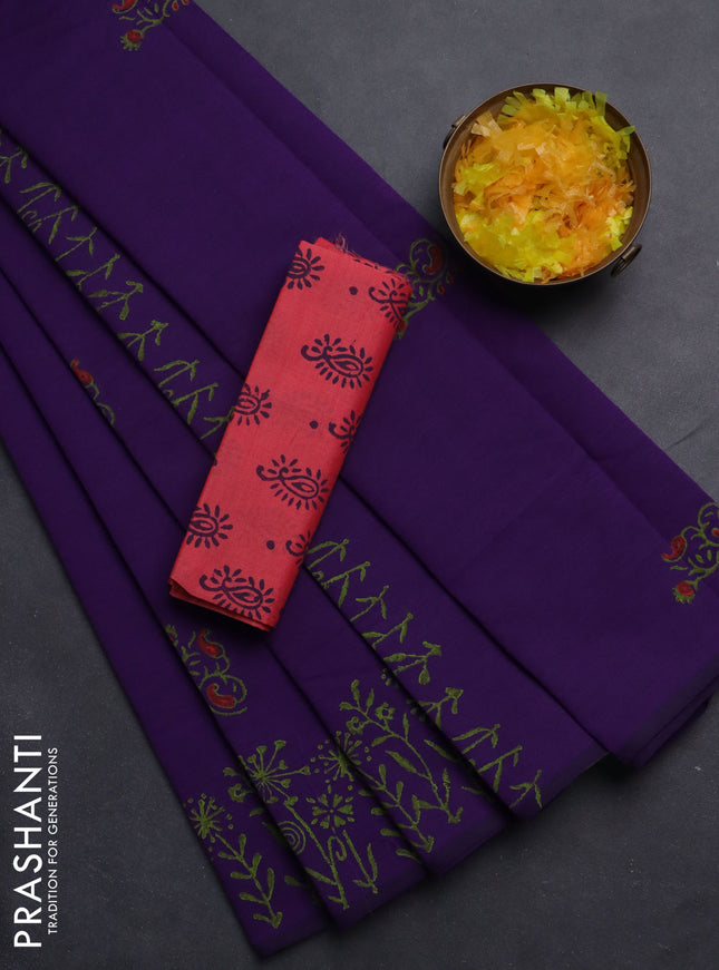 Semi silk cotton saree violet and pink shade with butta prints and printed border