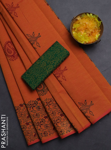 Semi silk cotton saree sunset orange and green with butta prints and printed border