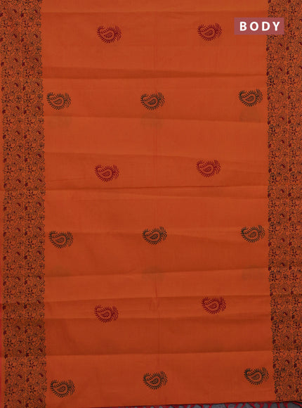 Semi silk cotton saree sunset orange and green with butta prints and printed border