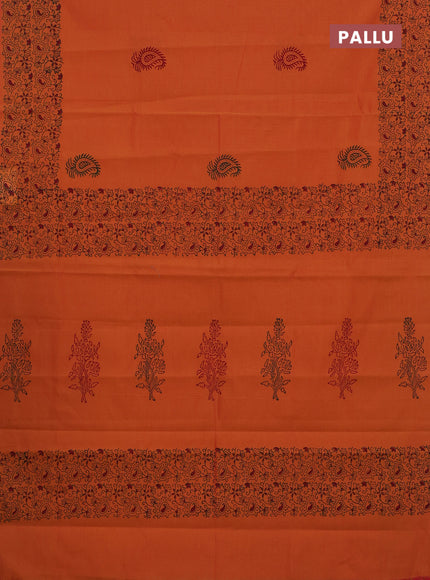 Semi silk cotton saree sunset orange and green with butta prints and printed border