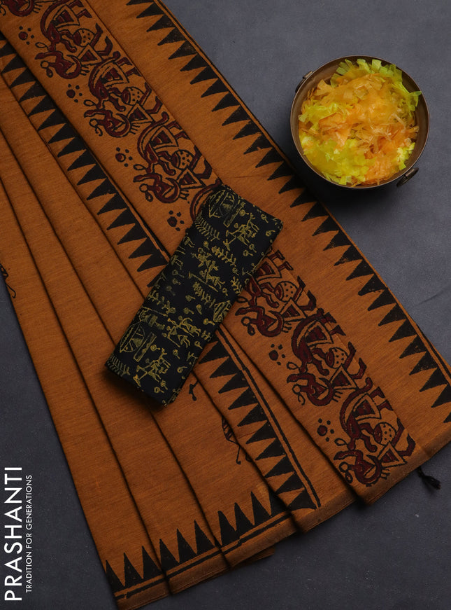 Semi silk cotton saree mustard shade and black with warli butta prints and printed border