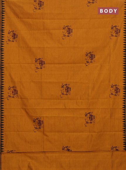 Semi silk cotton saree mustard shade and black with warli butta prints and printed border