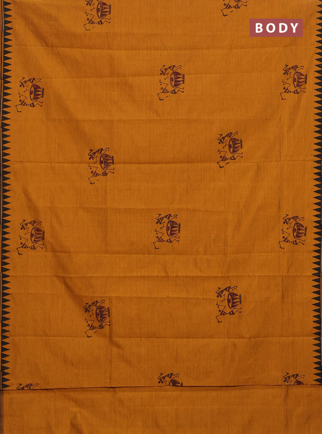 Semi silk cotton saree mustard shade and black with warli butta prints and printed border