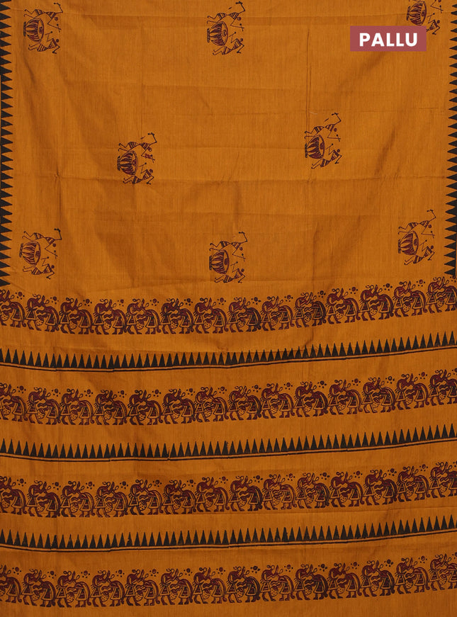 Semi silk cotton saree mustard shade and black with warli butta prints and printed border