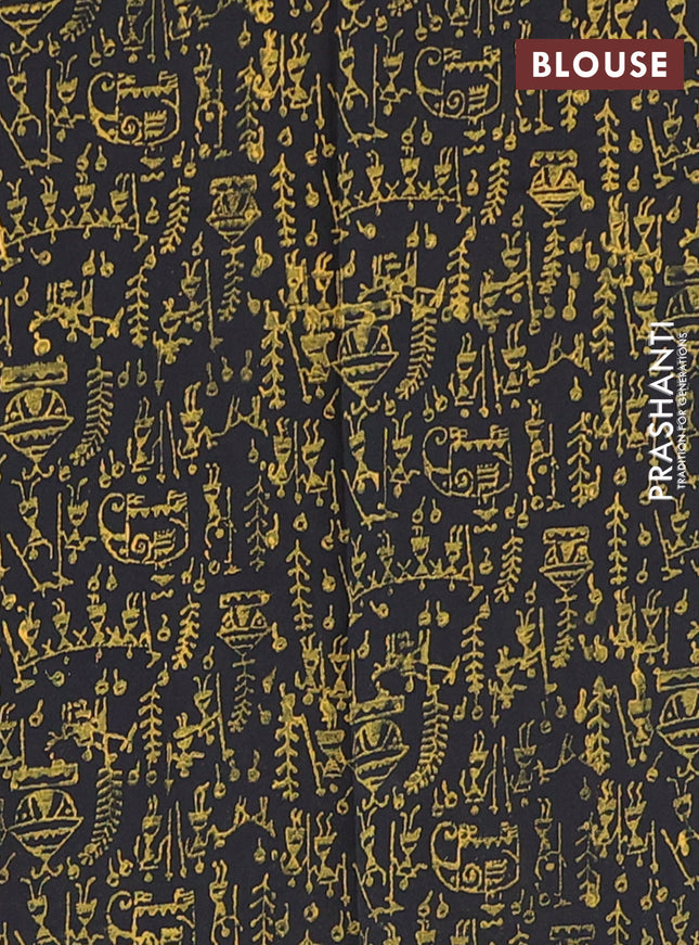 Semi silk cotton saree mustard shade and black with warli butta prints and printed border