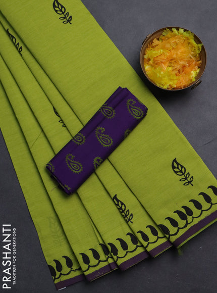 Semi silk cotton saree fluorescent green and violet with butta prints and printed border