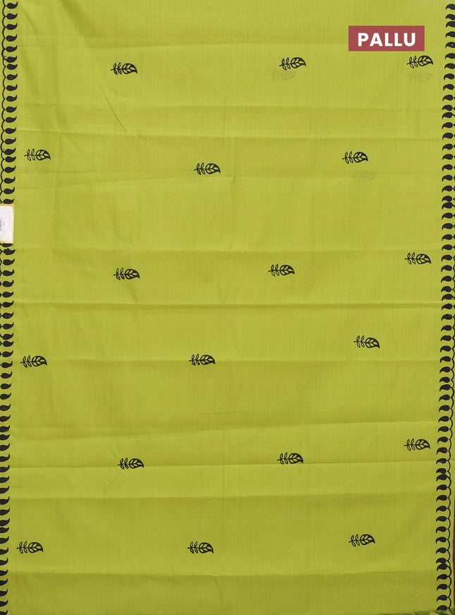 Semi silk cotton saree fluorescent green and violet with butta prints and printed border