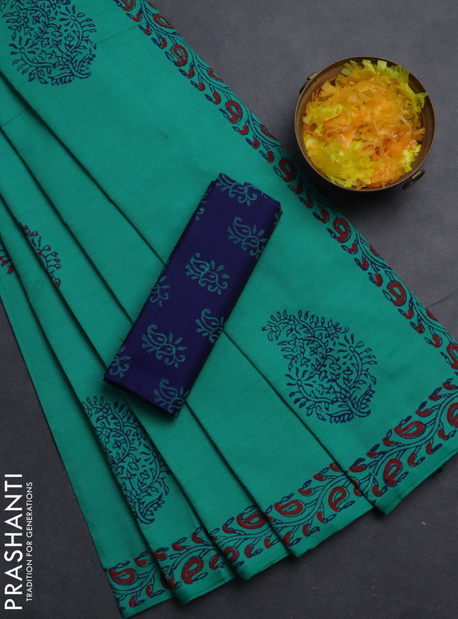 Semi silk cotton saree teal green and blue with butta prints and printed border