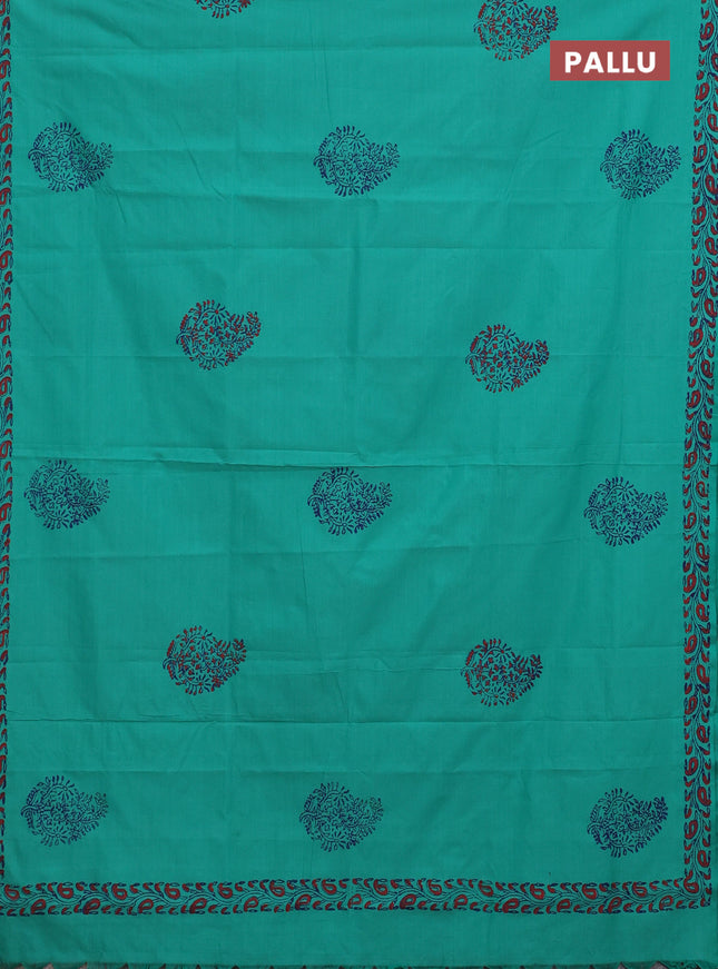 Semi silk cotton saree teal green and blue with butta prints and printed border