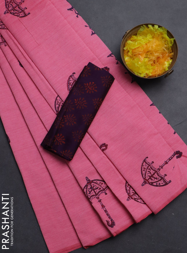 Semi silk cotton saree candy pink and deep wine with butta prints in borderless style