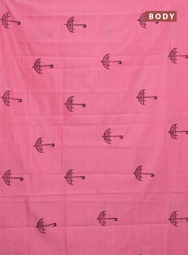 Semi silk cotton saree candy pink and deep wine with butta prints in borderless style