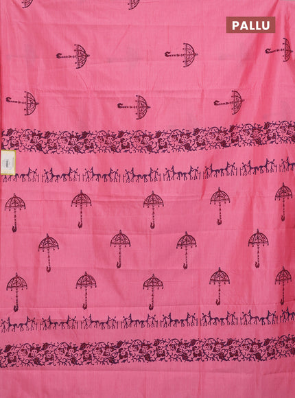 Semi silk cotton saree candy pink and deep wine with butta prints in borderless style