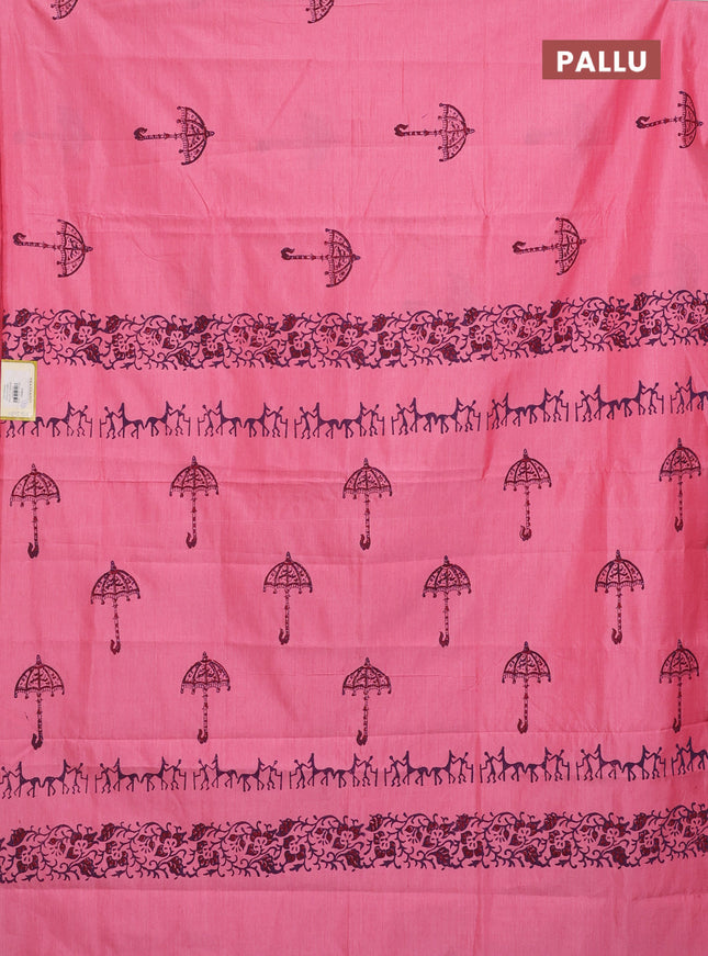 Semi silk cotton saree candy pink and deep wine with butta prints in borderless style