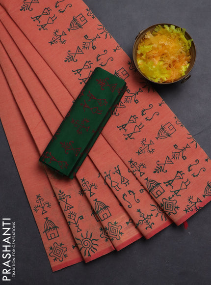 Semi silk cotton saree peach shade and green with butta prints and printed border