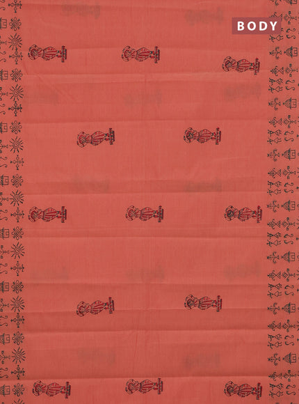 Semi silk cotton saree peach shade and green with butta prints and printed border