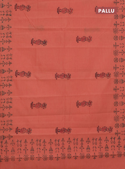 Semi silk cotton saree peach shade and green with butta prints and printed border