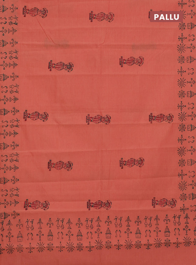 Semi silk cotton saree peach shade and green with butta prints and printed border