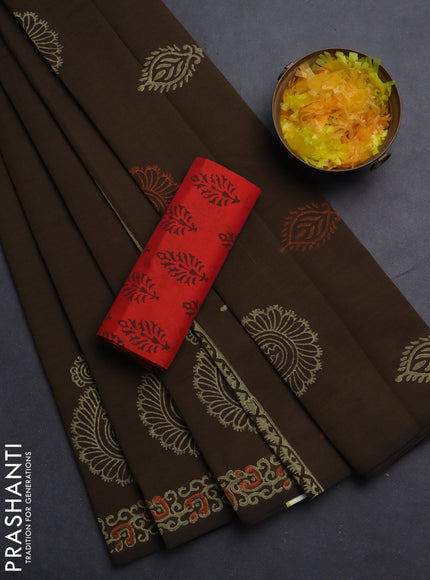 Semi silk cotton saree brown and peach orange with butta prints and printed border