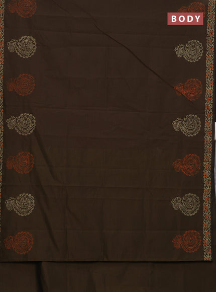 Semi silk cotton saree brown and peach orange with butta prints and printed border