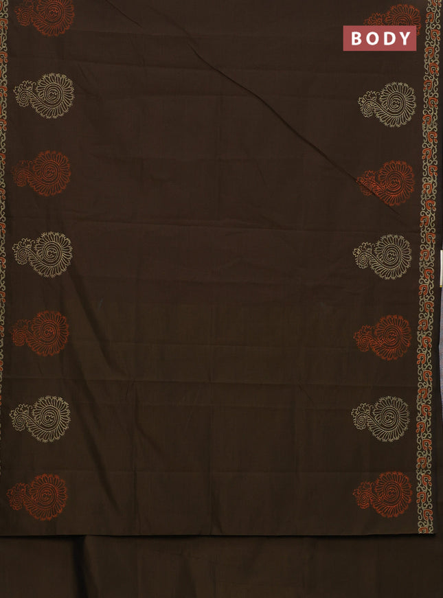 Semi silk cotton saree brown and peach orange with butta prints and printed border