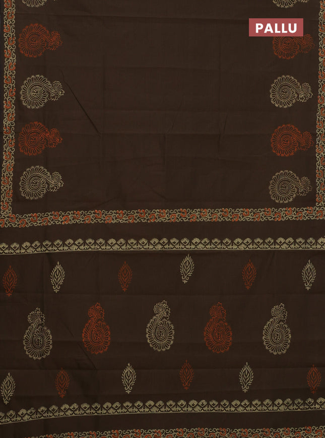 Semi silk cotton saree brown and peach orange with butta prints and printed border