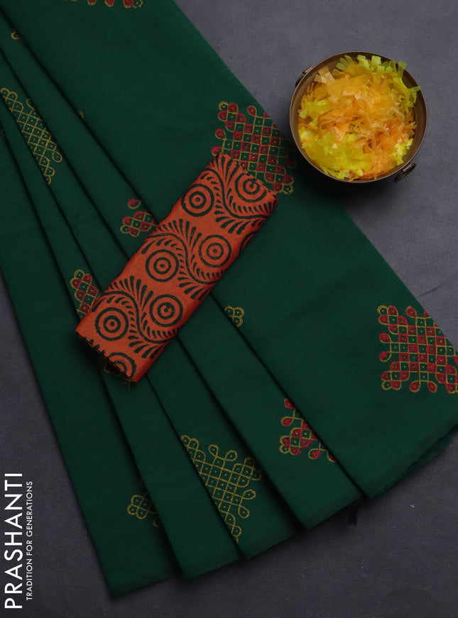 Semi silk cotton saree green and peach orange with butta prints in borderless style