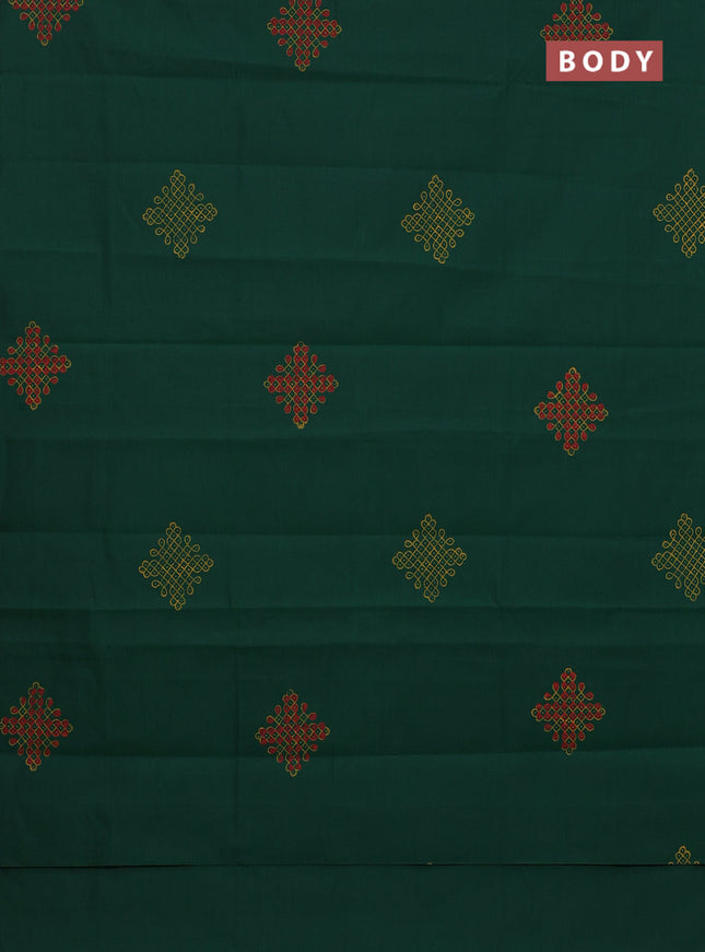 Semi silk cotton saree green and peach orange with butta prints in borderless style