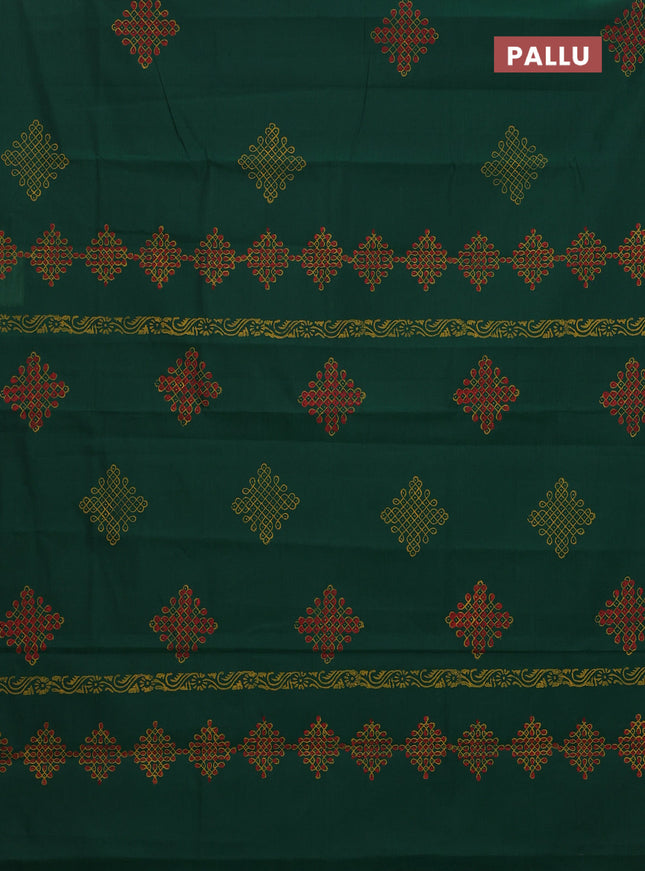 Semi silk cotton saree green and peach orange with butta prints in borderless style