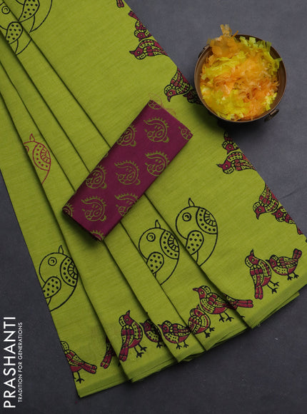 Semi silk cotton saree fluorescent green and dark magenta pink with butta prints and printed border