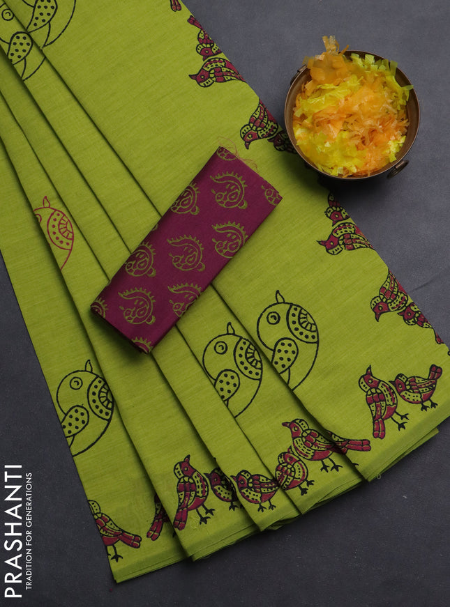 Semi silk cotton saree fluorescent green and dark magenta pink with butta prints and printed border