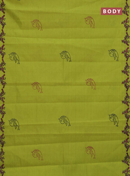 Semi silk cotton saree fluorescent green and dark magenta pink with butta prints and printed border