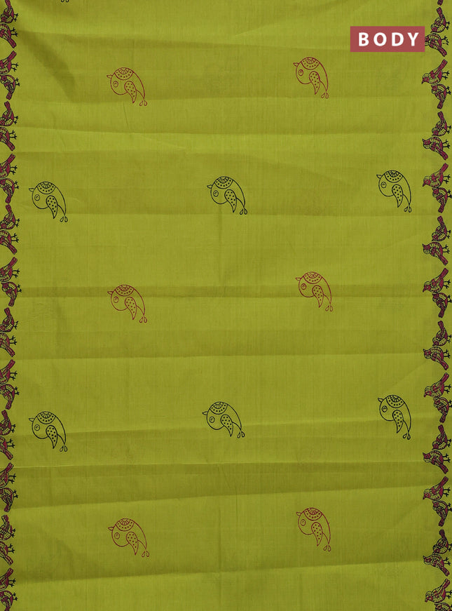 Semi silk cotton saree fluorescent green and dark magenta pink with butta prints and printed border