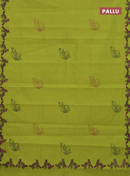 Semi silk cotton saree fluorescent green and dark magenta pink with butta prints and printed border