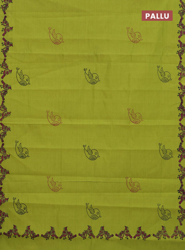 Semi silk cotton saree fluorescent green and dark magenta pink with butta prints and printed border