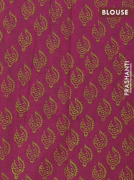 Semi silk cotton saree fluorescent green and dark magenta pink with butta prints and printed border