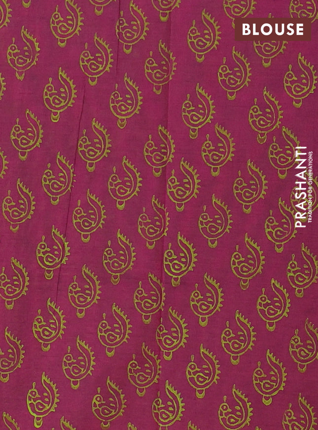 Semi silk cotton saree fluorescent green and dark magenta pink with butta prints and printed border