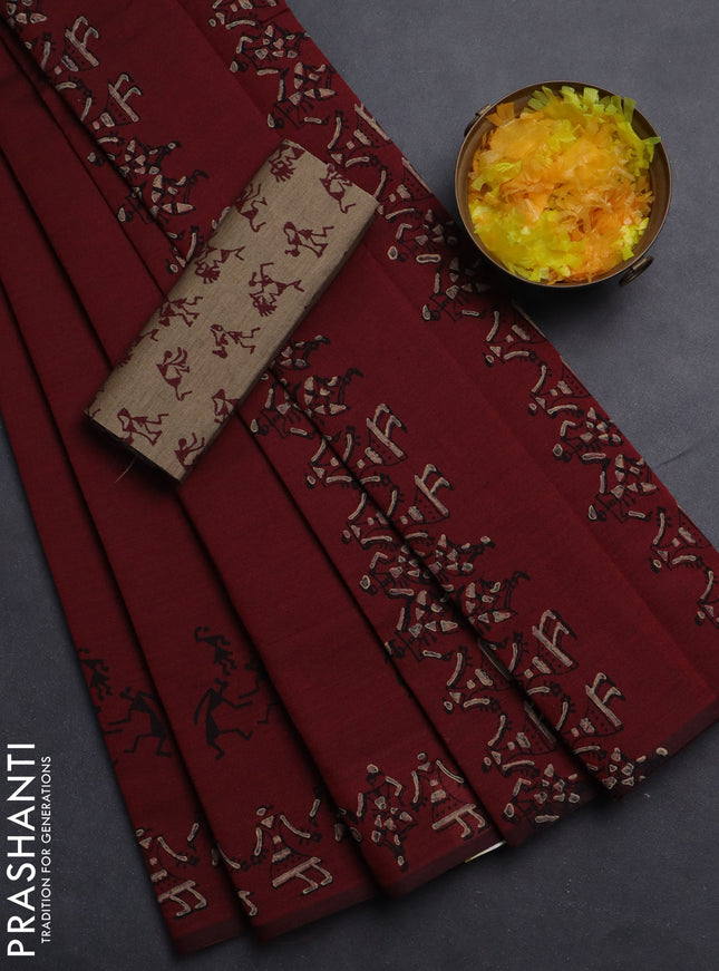 Semi silk cotton saree maroon and beige with butta prints in borderless style